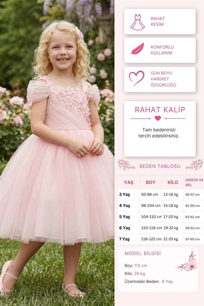 Pamina Kız Çocuk Çiçek Aplikeli Tül Elbise 3-7 Yaş Pembe