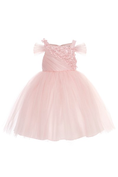 Pamina Kız Çocuk Çiçek Aplikeli Tül Elbise 3-7 Yaş Pembe