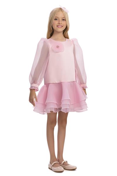 Pamina Kız Çocuk Çiçek İşlemeli Organza Elbise 3-7 Yaş Pudra