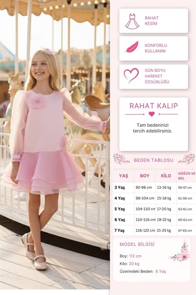 Pamina Kız Çocuk Çiçek İşlemeli Organza Elbise 3-7 Yaş Pudra