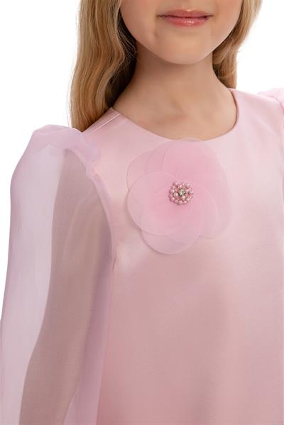 Pamina Kız Çocuk Çiçek İşlemeli Organza Elbise 3-7 Yaş Pudra