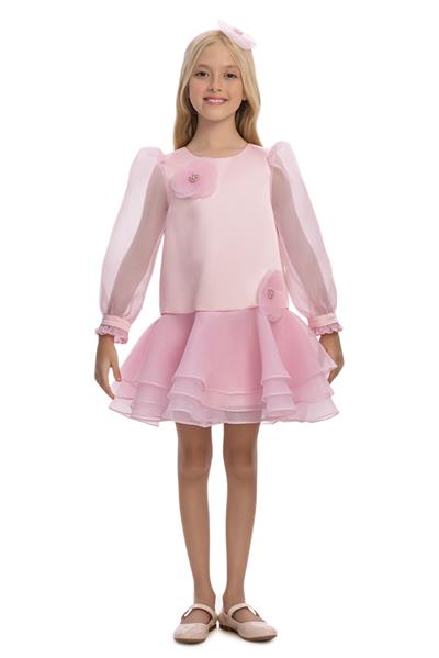 Pamina Kız Çocuk Çiçek İşlemeli Organza Elbise 3-7 Yaş Pudra