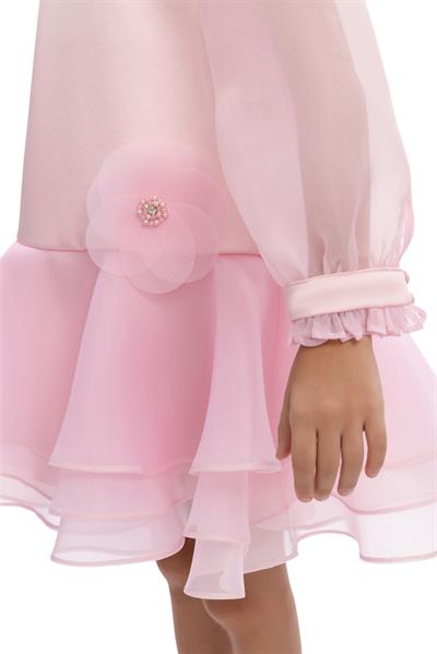 Pamina Kız Çocuk Çiçek İşlemeli Organza Elbise 3-7 Yaş Pudra
