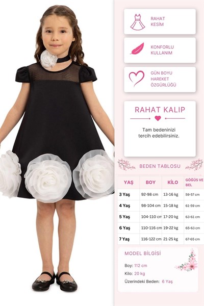 Pamina Kız Çocuk Çiçekli Chokerli Elbise 3-7 Yaş Siyah