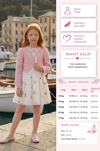 Pamina Kız Çocuk Çiçekli Elbise ve Tüvit Ceketli Takım 3-7 Yaş Pembe