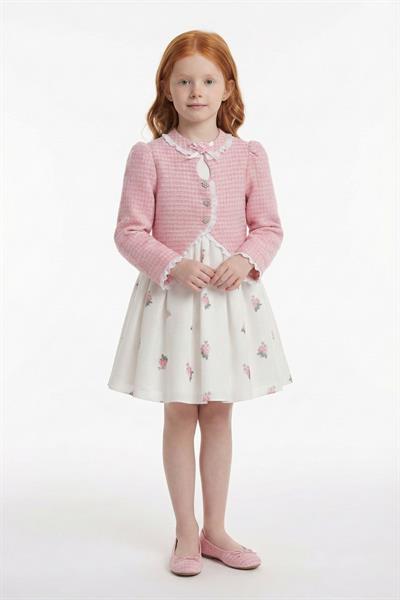 Pamina Kız Çocuk Çiçekli Elbise ve Tüvit Ceketli Takım 3-7 Yaş Pembe