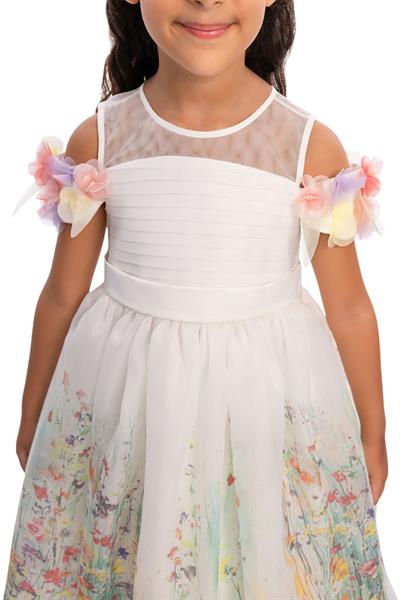 Pamina Kız Çocuk Çiçekli Uzun Elbise 3-7 Yaş Ekru