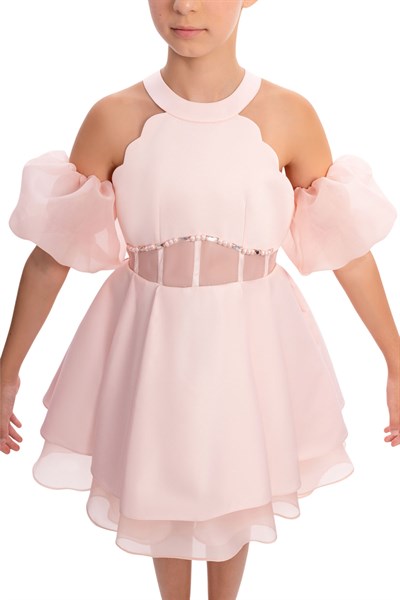 Pamina Kız Çocuk Çıkarılabilir Organza Kollu Elbise 8-15 Yaş Pembe