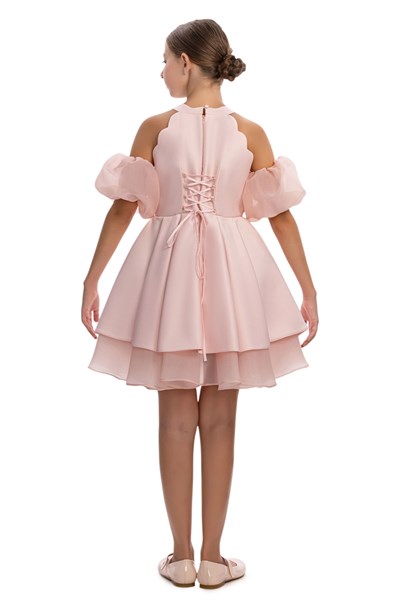 Pamina Kız Çocuk Çıkarılabilir Organza Kollu Elbise 8-15 Yaş Pembe
