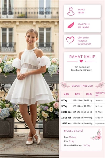 Pamina Kız Çocuk Çıkarılabilir Organza Kollu Elbise 8-15 Yaş Ekru