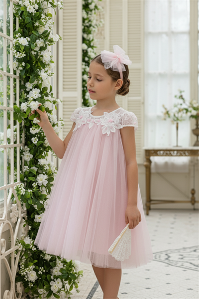 Pamina Kız Çocuk Dantel Yakalı Tül Elbise 3-7 Yaş Pudra