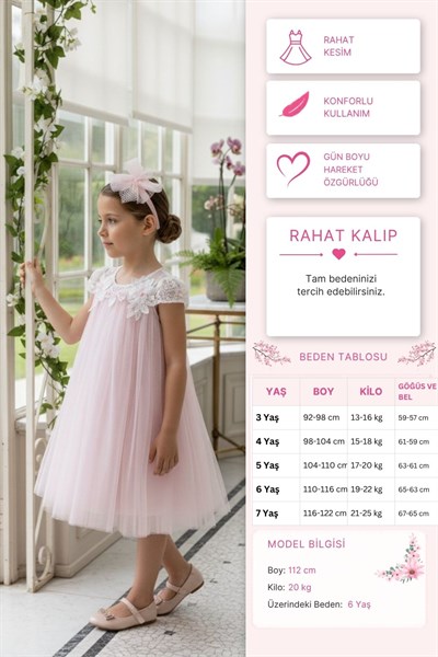Pamina Kız Çocuk Dantel Yakalı Tül Elbise 3-7 Yaş Pudra