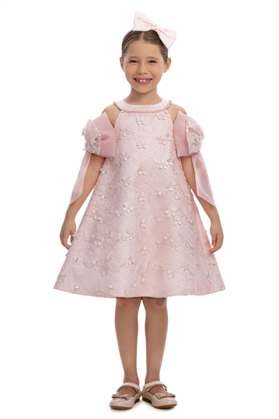 Pamina Kız Çocuk Dantelli Fiyonklu Elbise 3-7 Yaş Pembe