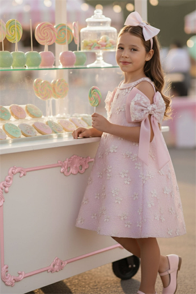Pamina Kız Çocuk Dantelli Fiyonklu Elbise 3-7 Yaş Pembe