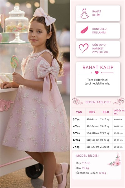 Pamina Kız Çocuk Dantelli Fiyonklu Elbise 3-7 Yaş Pembe