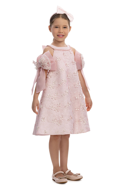 Pamina Kız Çocuk Dantelli Fiyonklu Elbise 3-7 Yaş Pembe
