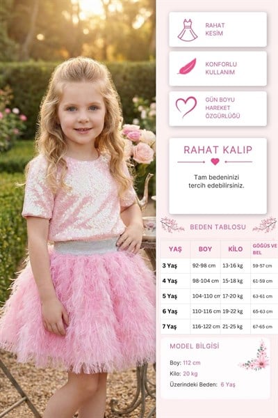 Pamina Kız Çocuk Işıltılı Payetli Etekli Takım 3-7 Yaş Pembe