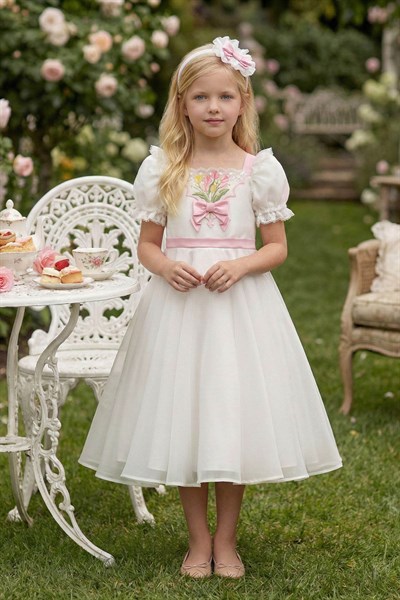 Pamina Kız Çocuk İşlemeli Çiçekli Tül Saç Aksesuarlı Elbise 3-7 Yaş Ekru