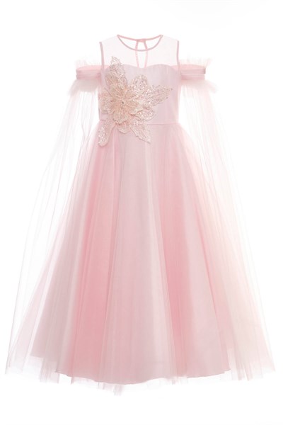 Pamina Kız Çocuk İşlemeli Omuzları Açık Tül Elbise 8-15 Yaş Pembe