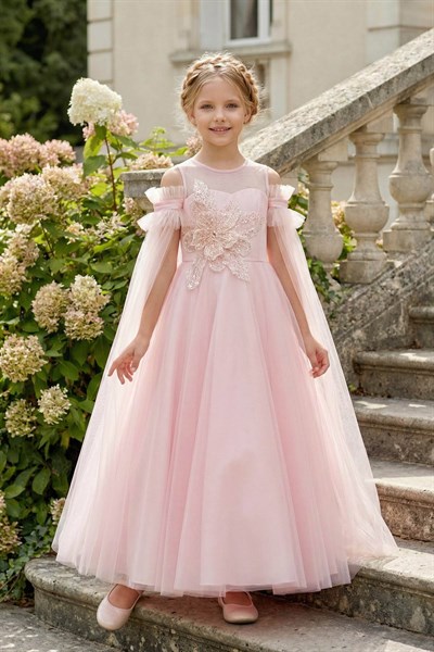 Pamina Kız Çocuk İşlemeli Omuzları Açık Tül Elbise 8-15 Yaş Pembe
