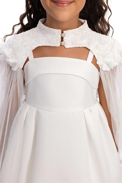 Pamina Kız Çocuk İşlemeli Pelerinli Elbisesi 3-7 Yaş Ekru