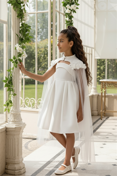 Pamina Kız Çocuk İşlemeli Pelerinli Elbisesi 3-7 Yaş Ekru