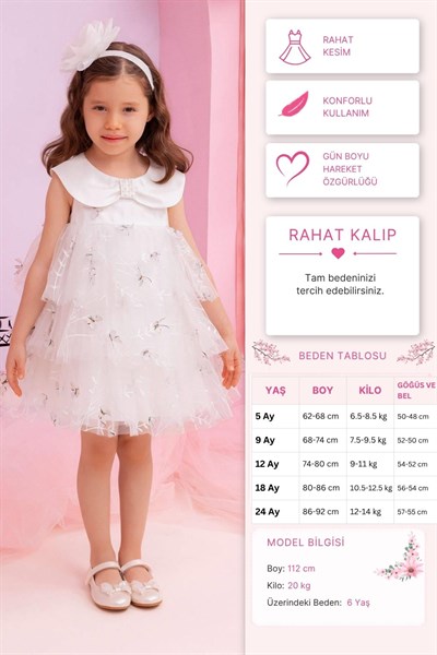 Pamina Kız Çocuk Kelebek Baskılı Elbise 6-24 Ay Ekru
