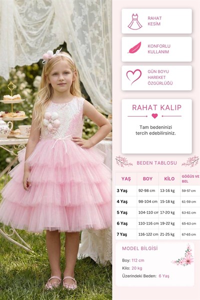 Pamina Kız Çocuk Kız Payetli Korsajlı, Balon Buketi Aplike Detaylı Abiye Elbise 3-7 Yaş Pembe