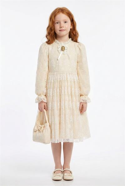 Pamina Kız Çocuk Klasik Dantel Elbise ve Çanta 3-7 Yaş Bej