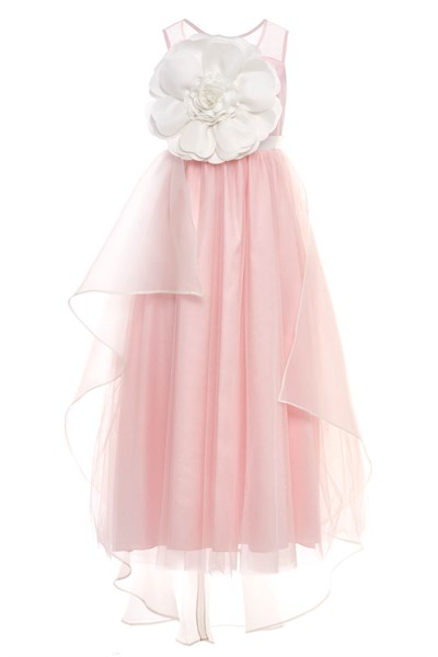 Pamina Kız Çocuk Organza Katmanlı  Büyük Boy Çiçek Detaylı Elbise 8-15 Yaş Pembe