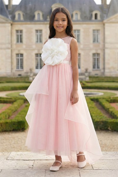 Pamina Kız Çocuk Organza Katmanlı  Büyük Boy Çiçek Detaylı Elbise 8-15 Yaş Pembe