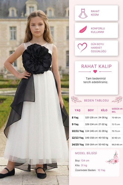 Pamina Kız Çocuk Organza Katmanlı  Büyük Boy Çiçek Detaylı Elbise 8-15 Yaş Siyah