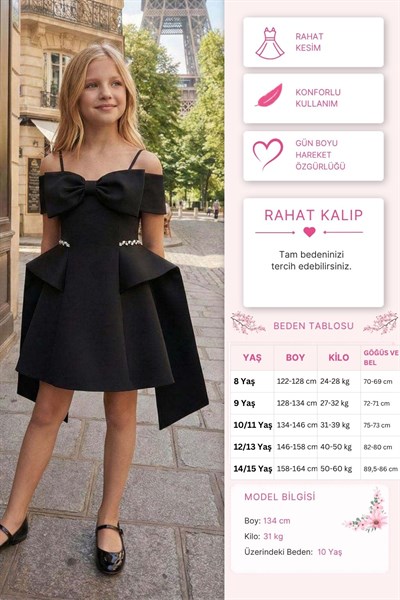 Pamina Kız Çocuk Saten Fiyonklu Omuz Detaylı Elbise 8-15 Yaş Siyah