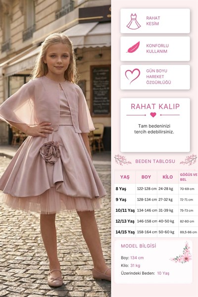 Pamina Kız Çocuk Şeffaf Pelerinli Saten Parti Elbise 8-15 Yaş Pembe