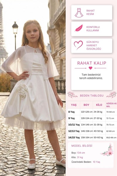 Pamina Kız Çocuk Şeffaf Pelerinli Saten Parti Elbise 8-15 Yaş Ekru