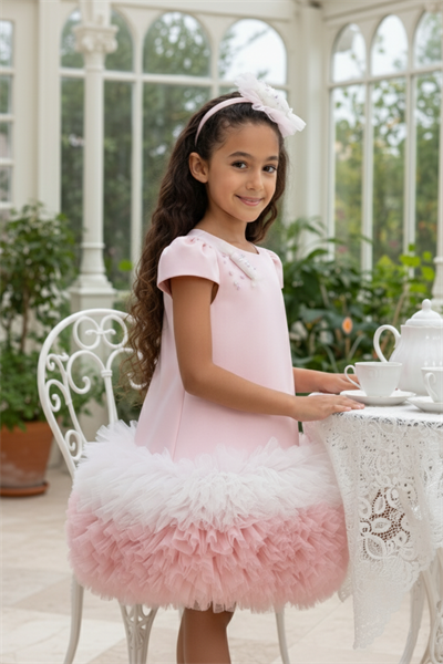 Pamina Kız Çocuk Şeker Tül Etekli Elbise 3-7 Yaş Pudra