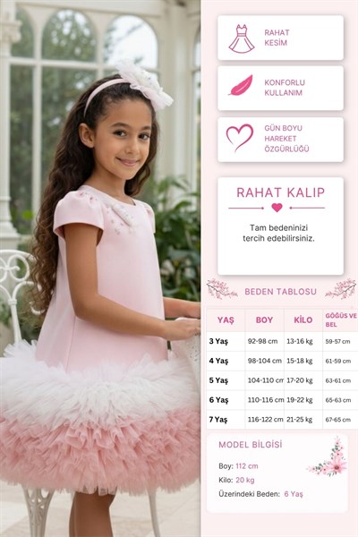 Pamina Kız Çocuk Şeker Tül Etekli Elbise 3-7 Yaş Pudra