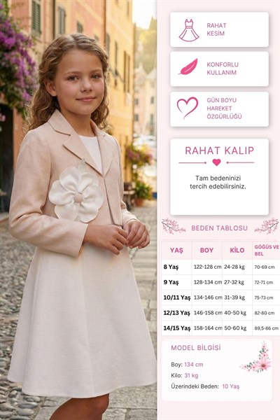 Pamina Kız Çocuk Şık Elbise ve Ceket 8-15 Yaş Bej
