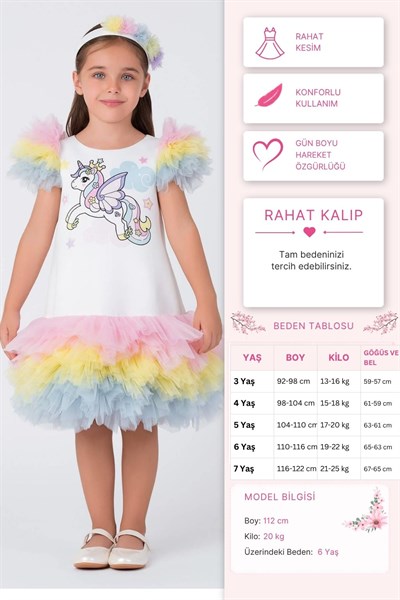Pamina Kız Çocuk Unicorn Elbisesi 3-7 Yaş Beyaz