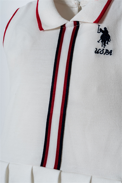 U.S. Polo Assn Kız Bebek Çizgi Detaylı Polo Pike Elbise 6-36 Ay Beyaz