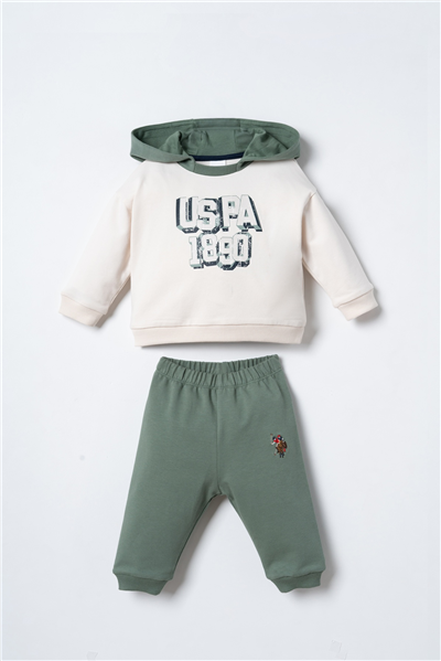 U.S. Polo Assn. Erkek Bebek Kapüşonlu Uzun Kol Eşofman Takım 6-36 Ay Ekru