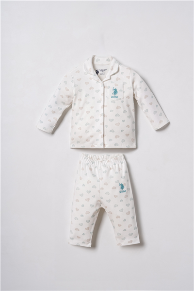 U.S. Polo Assn. Nakışlı Kız Bebek %100 Pamuk Cute Hearts Beyaz Gömlek Pijama Takımı 6-36 Ay Beyaz
