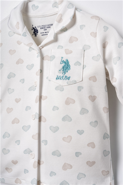 U.S. Polo Assn. Nakışlı Kız Bebek %100 Pamuk Cute Hearts Beyaz Gömlek Pijama Takımı 6-36 Ay Beyaz