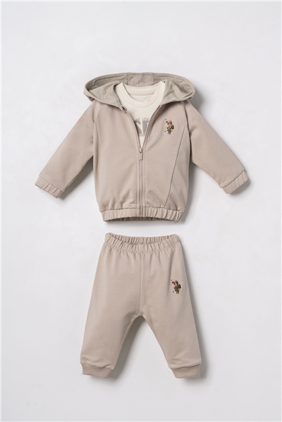 U.S. Polo Assn. Erkek Bebek Nakışlı Yeşil Hırkalı Eşofman Takım 6-36 Ay Bej