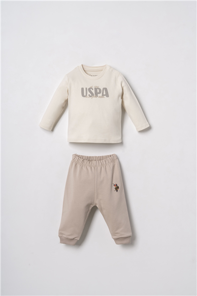 U.S. Polo Assn. Erkek Bebek Nakışlı Yeşil Hırkalı Eşofman Takım 6-36 Ay Bej
