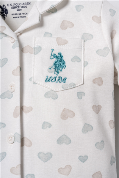 U.S. Polo Assn. Nakışlı Kız Bebek %100 Pamuk Cute Hearts Beyaz Gömlek Pijama Takımı 6-36 Ay Beyaz