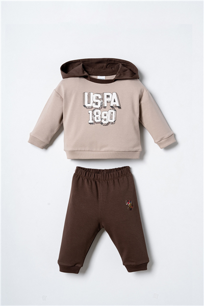 U.S. Polo Assn. Erkek Bebek Kapüşonlu Uzun Kol Eşofman Takım 6-36 Ay Kahverengi