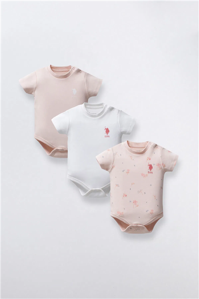 U.S. Polo Assn. Kız Bebek Pamuklu Bisiklet Yaka Pigment Baskılı Yazlık Regular Fit  Badi Zıbın 3-24 Ay Pudra