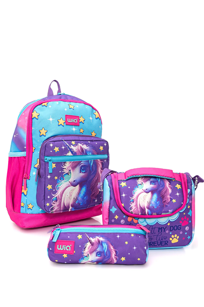 Wia Kız Çocuk Unicorn Desenli 3lü Okul Çanta Seti Pembe