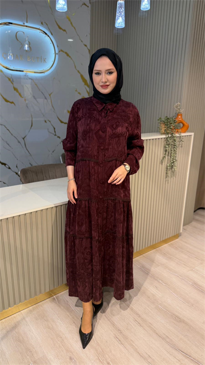 GHİSA 04406 DESENLİ ELBİSE-BORDO